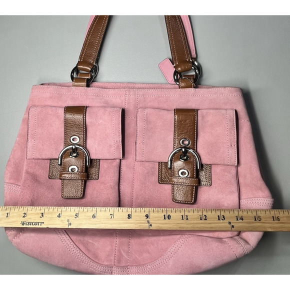 VTG Coach Suede Soho Double Buckle Flap Shoulder Bag Pink Tote Large Satchel Y2K - Picture 15 of 16